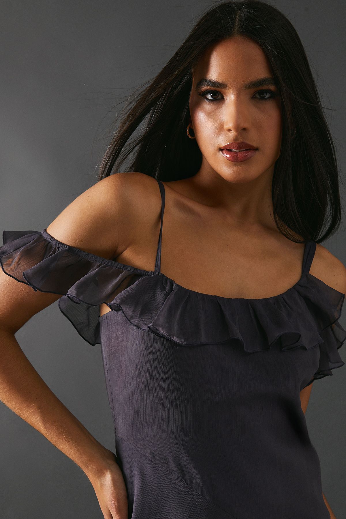 Warehouse Chiffon Asymmetric Hem Bias Ruffle Strappy Midaxi Dress Charcoal image 2