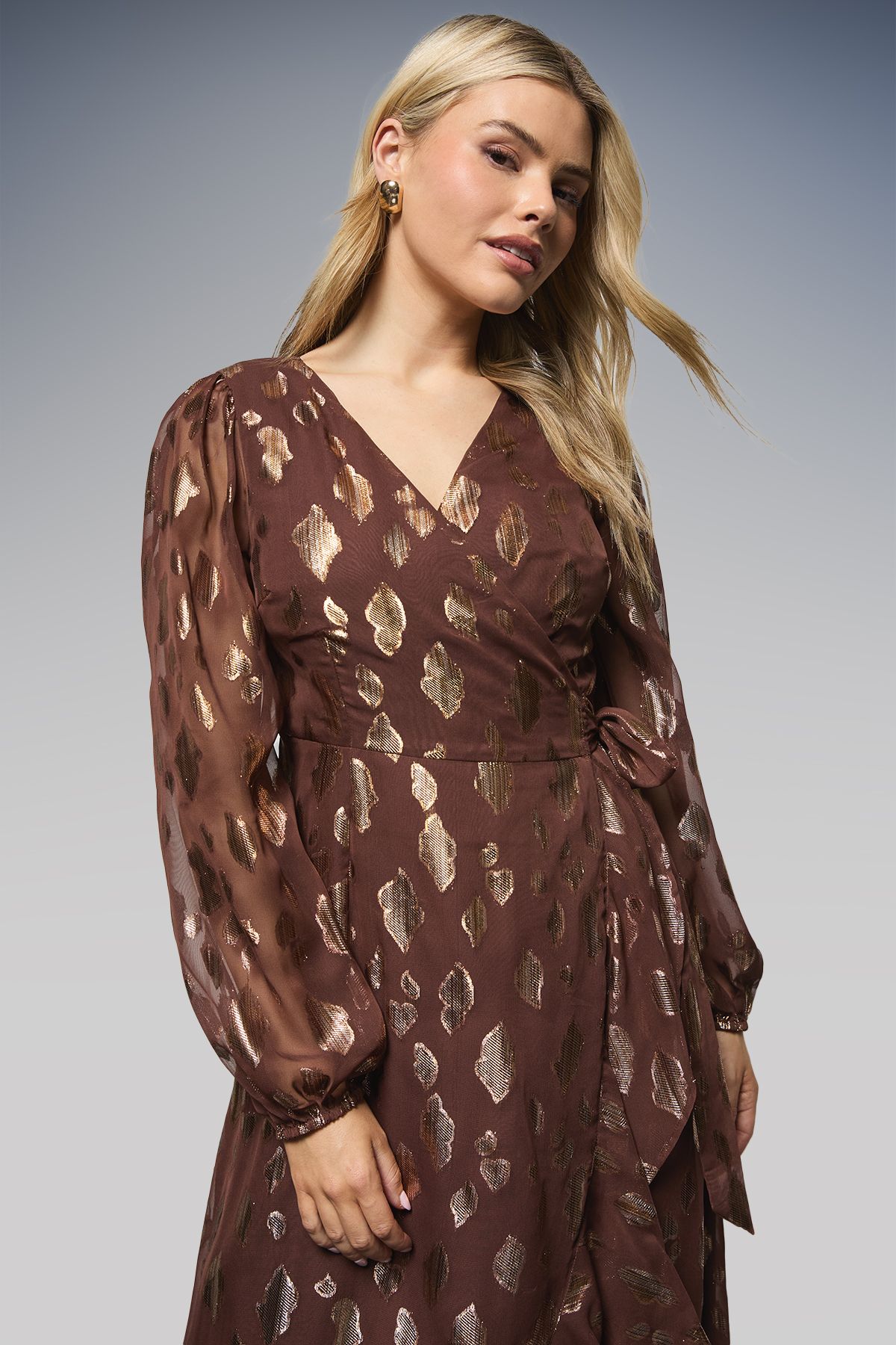 Dorothy Perkins Jacquard Ruffle Wrap Long Sleeve Midi Dress Chocolate image 2