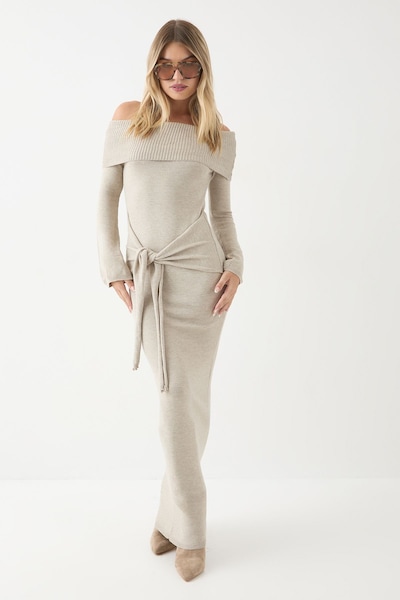 MissPap Knitted Bardot Wrap Front Midi Dress Stone