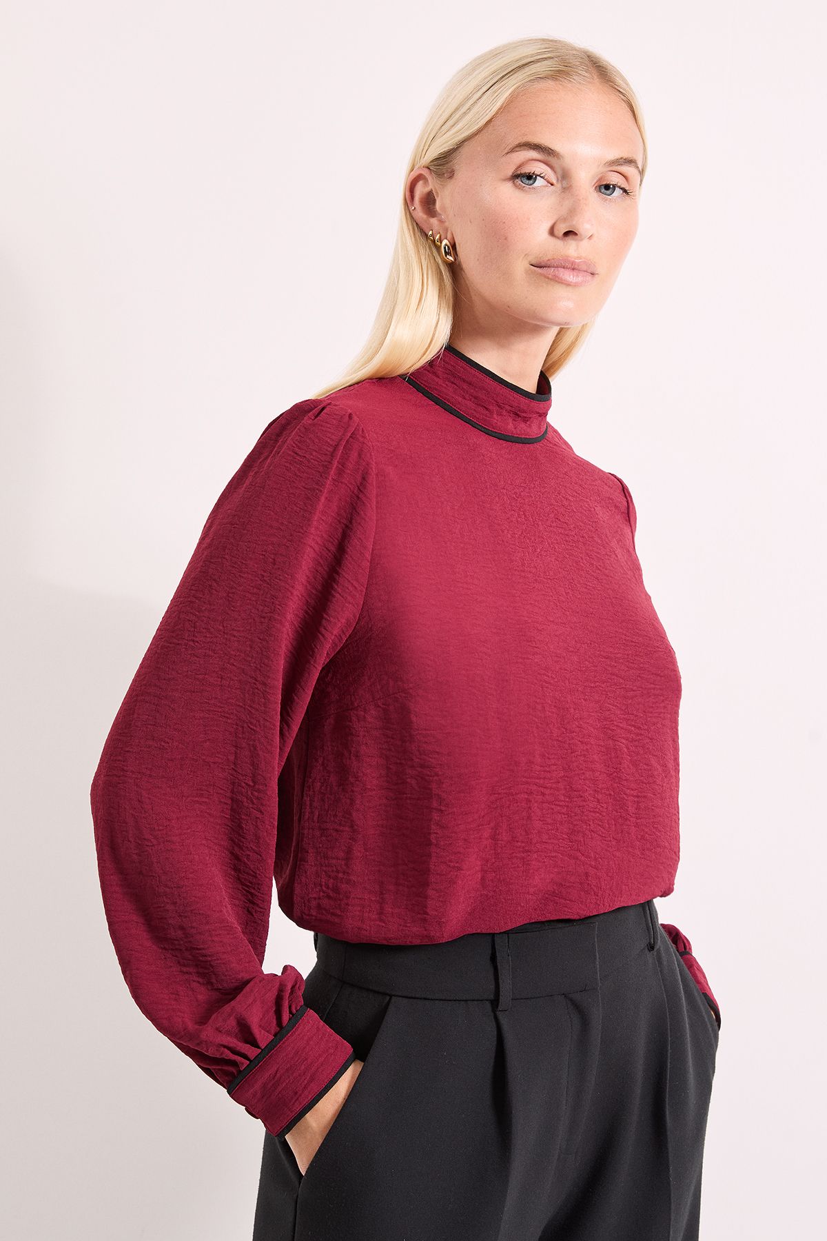 Principles Wine Piping Detail High Neck Blouson Sleeve Blouse Wine image 1