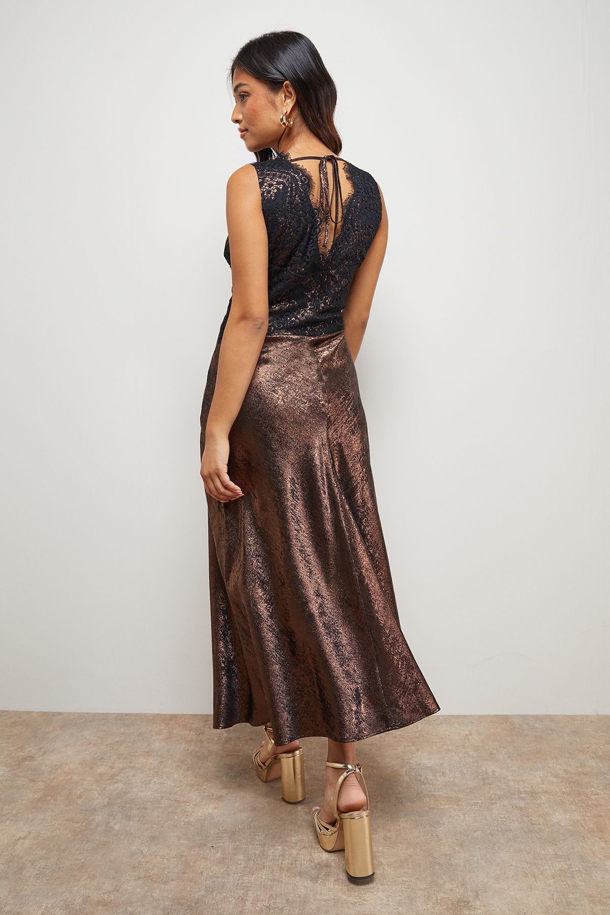 Oasis Petite Metallic Lace Detail Midi Slip Dress Chocolate image 3