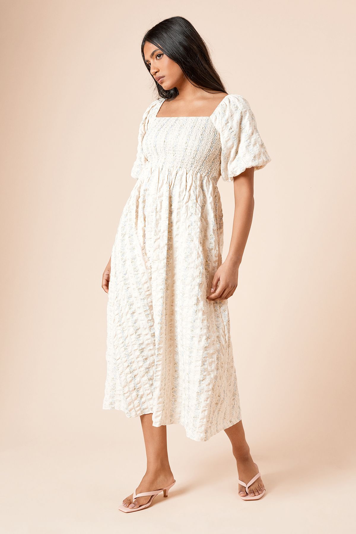 Dorothy Perkins Petite Blue Floral Textured Shirred Bodice Midi Dress Floral image 1