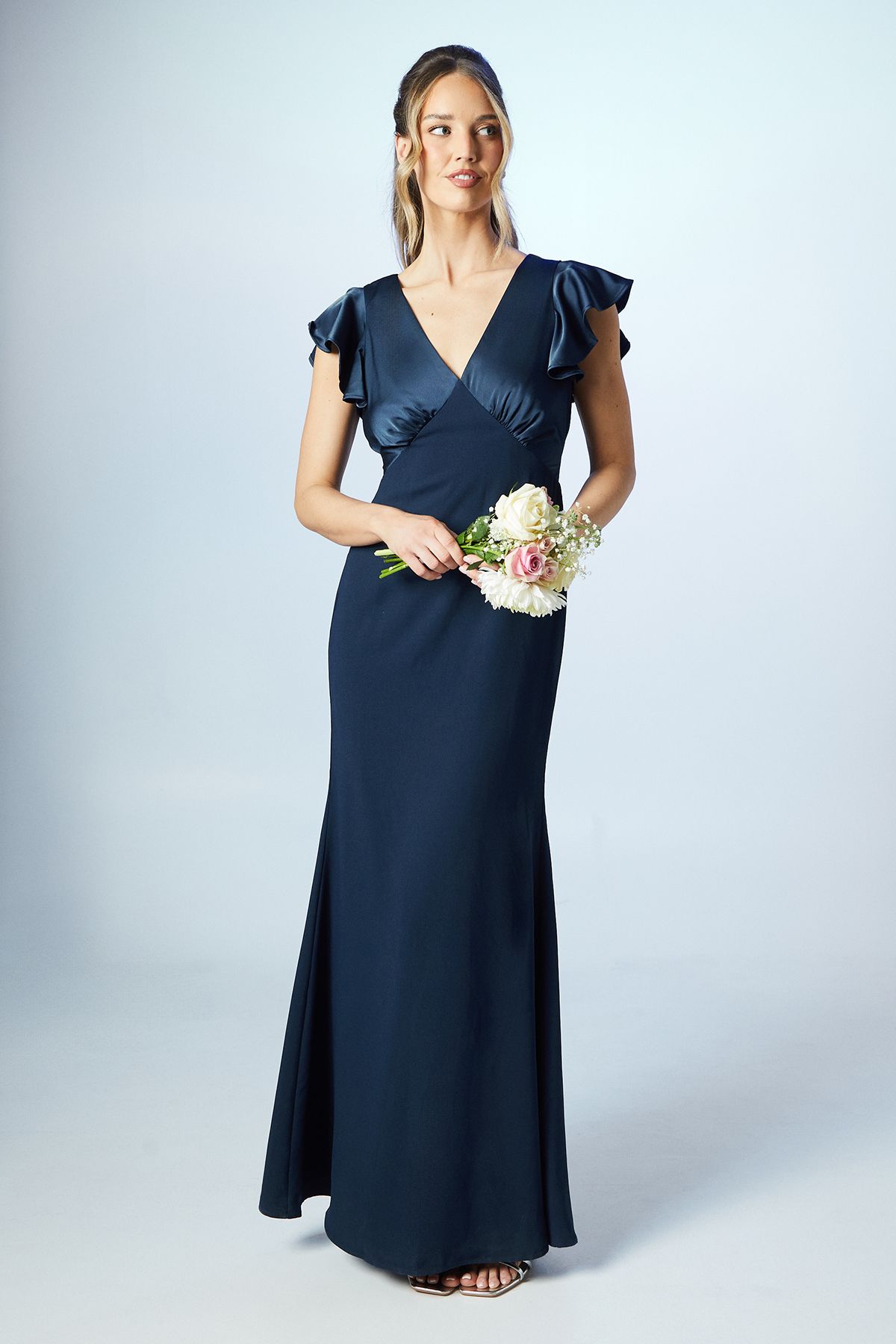 Coast Coast Honoured V Neck Angel Short Sleeve Satin Maxi Bridesmaid Dress Navy image 1