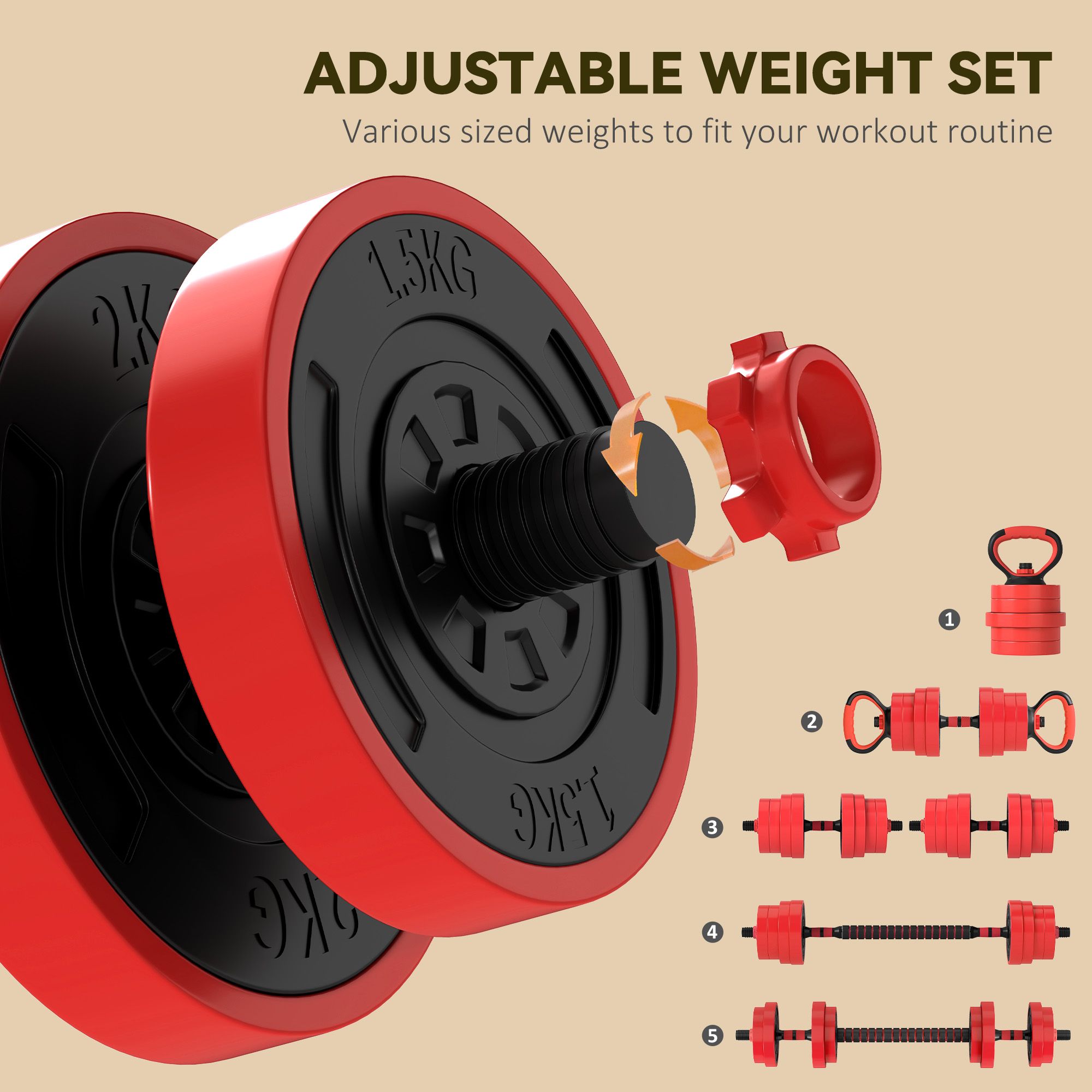 SPORTNOW SPORTNOW Weight Dumbbells Set, Barbell, Kettlebell, Push Up Stand, 30kg, Red image 6