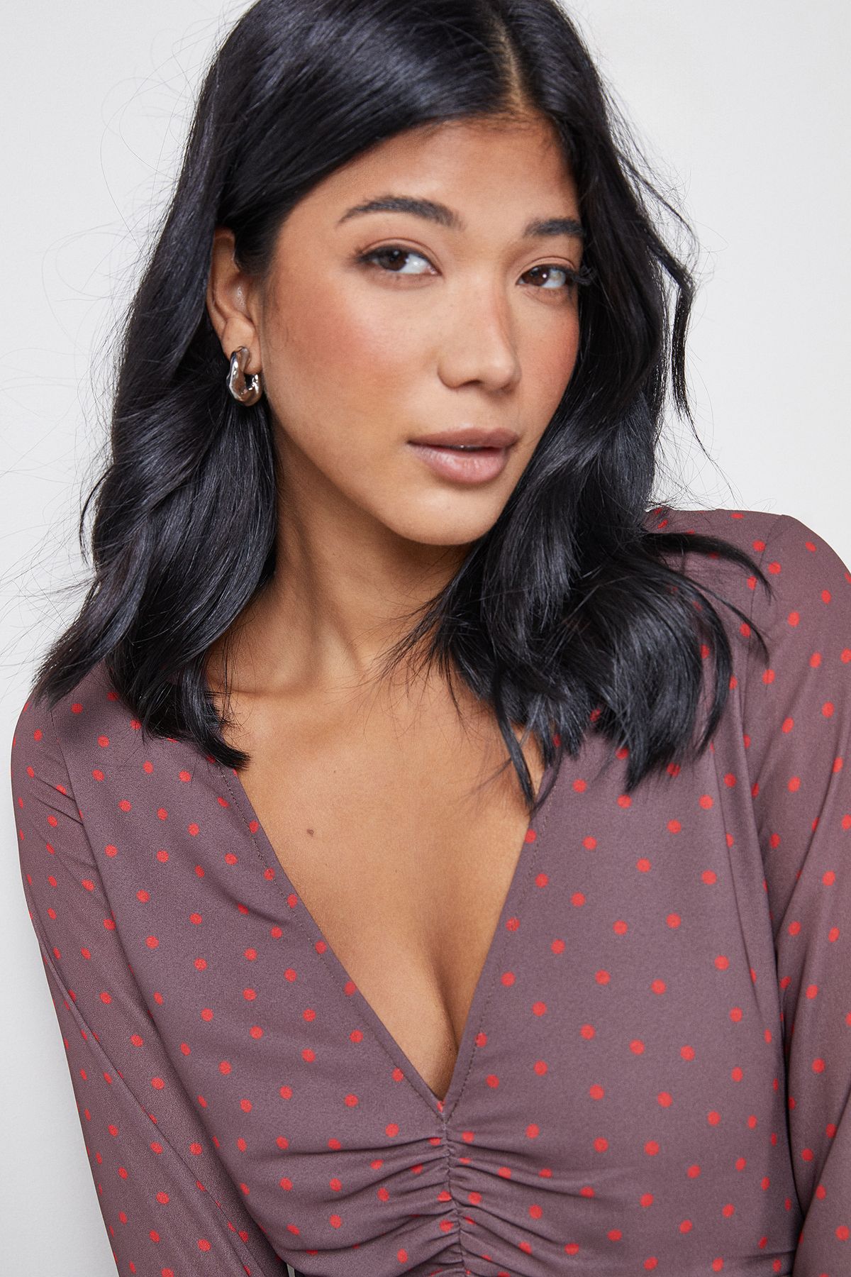 Warehouse Premium Georgette Ruched Front Flutter Cuff Maxi Dress Chocolate image 4