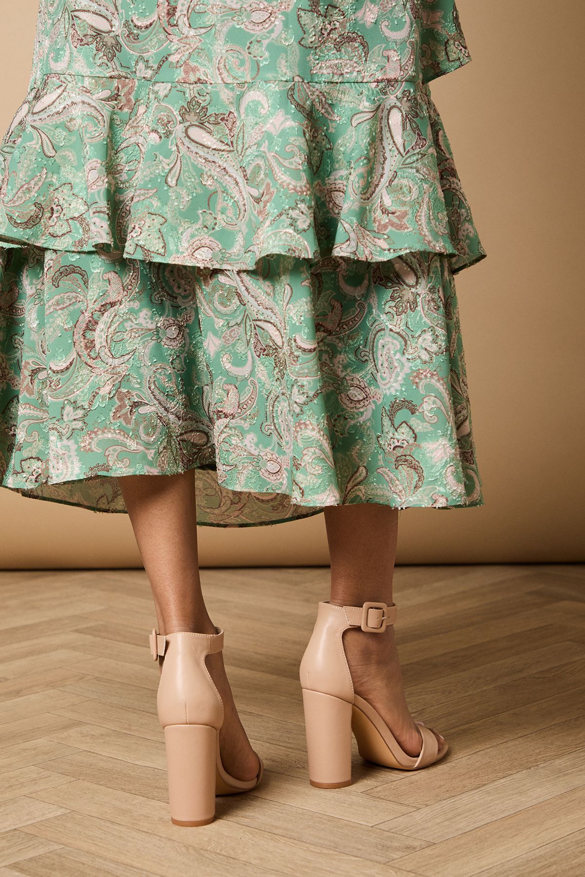 Oasis Milla Covered Buckle High Block Heel Sandals Camel image 3