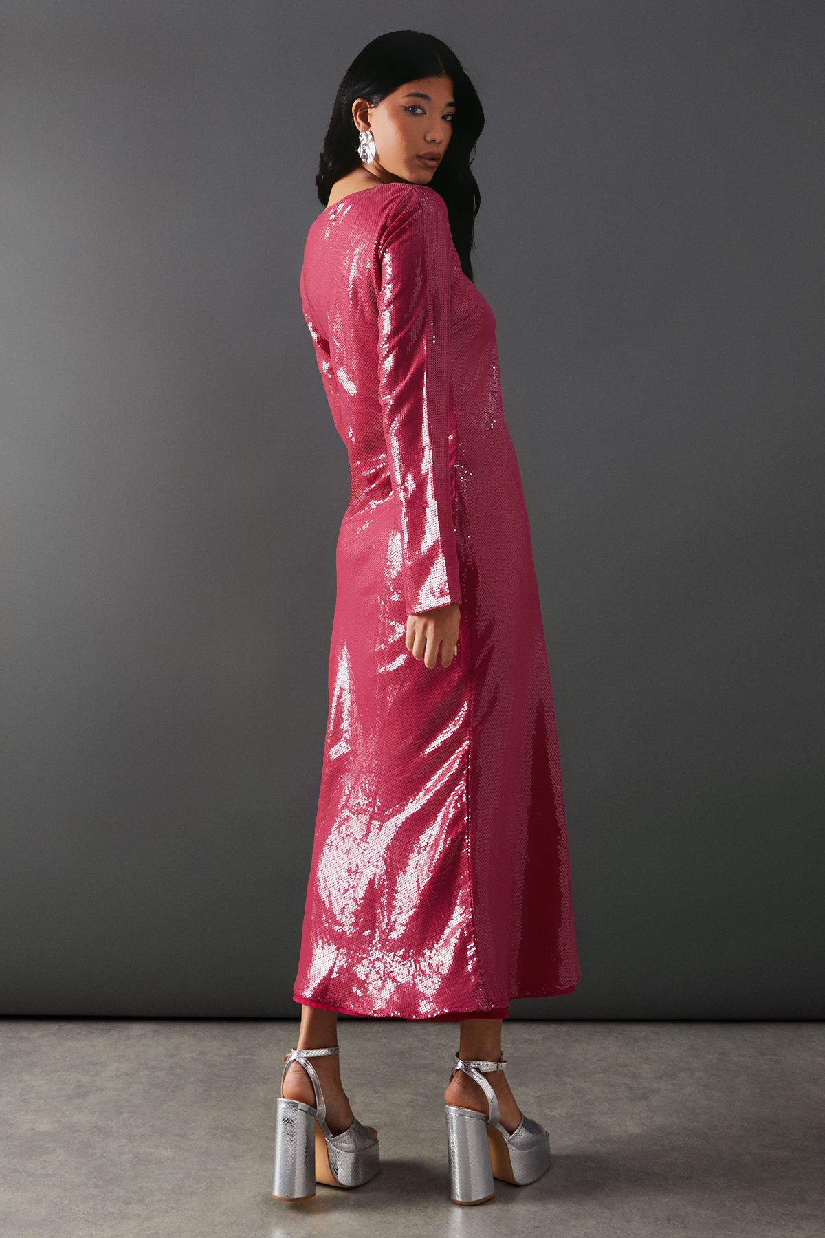 Warehouse Sequin Keyhole Tie Front Midi Dress Pink image 3