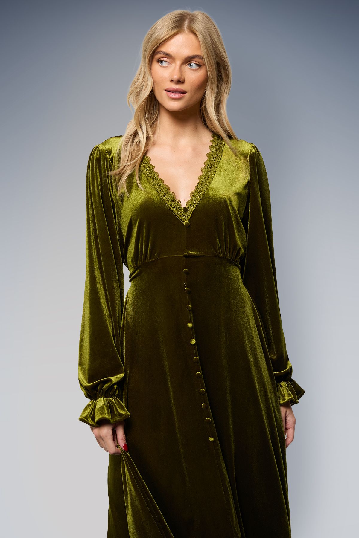 Oasis Velvet Lace Trim Button Through Midi Dress Olive image 2