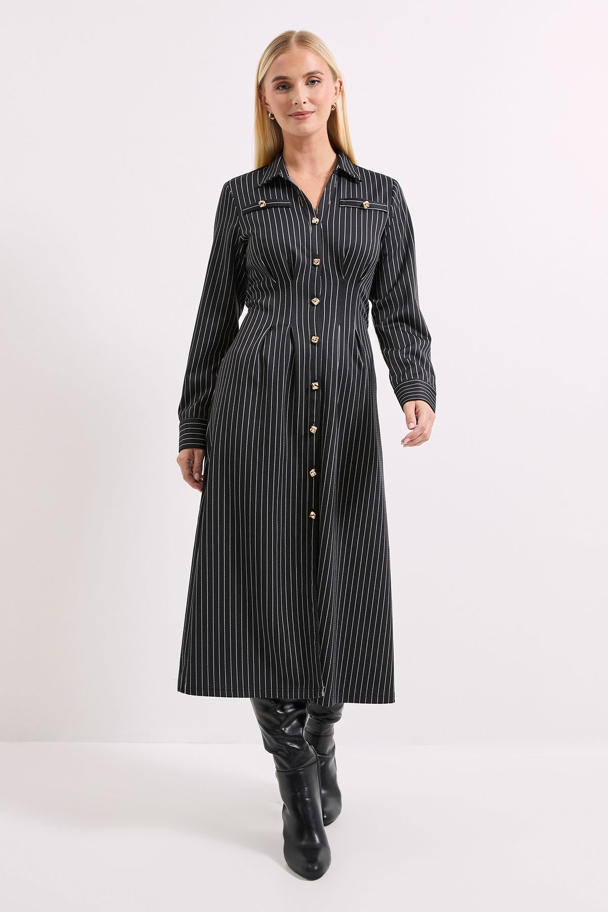 Principles Button Front Pinstripe Collared Shirt Dress Black