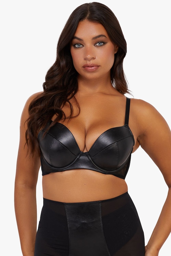 Playful Promises Iris Black Leatherette Padded Plunge Bra