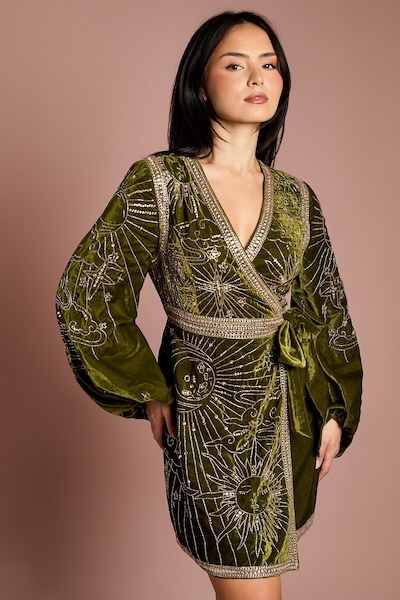 Coast Petite Party Sequin Velvet Wrap Mini Dress Olive