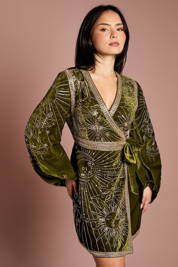 Coast Petite Party Sequin Velvet Wrap Mini Dress Olive