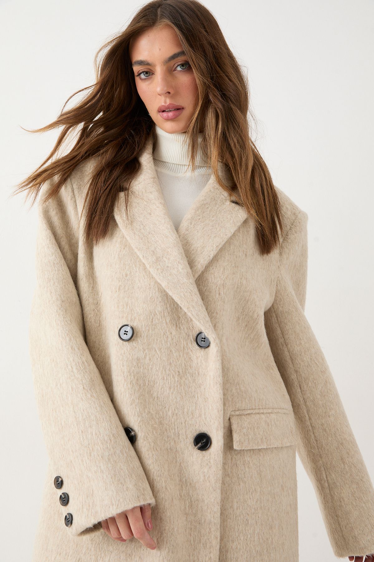 MissPap Wool Look Structured Shoulder Coat Tan image 4