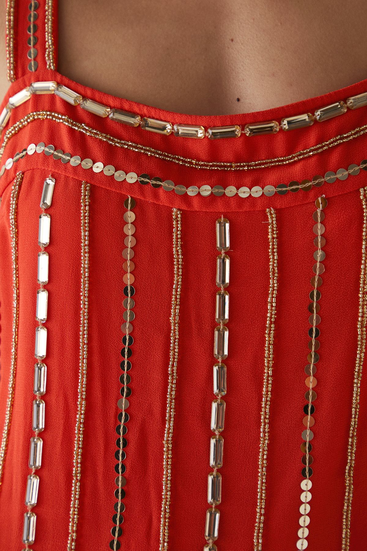 Warehouse Petite Hand Embellished Square Neck Strappy Midi Dress Burnt Orange image 5