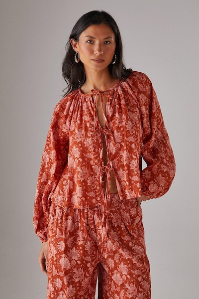 Warehouse Cheesecloth Tie Front Boho Blouse Floral