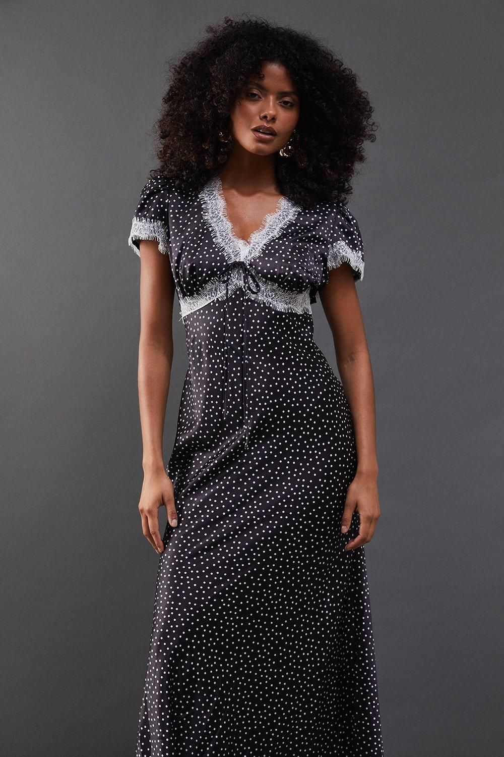 Warehouse Spot Satin Lace Trim Midaxi Tea Dress Mono image 2