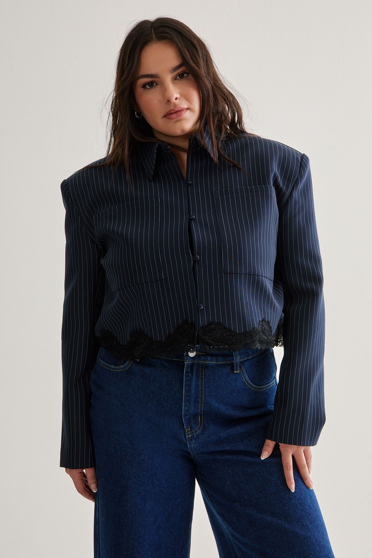 NastyGal Plus Tailored Lace Hem Jacket Navy image 2