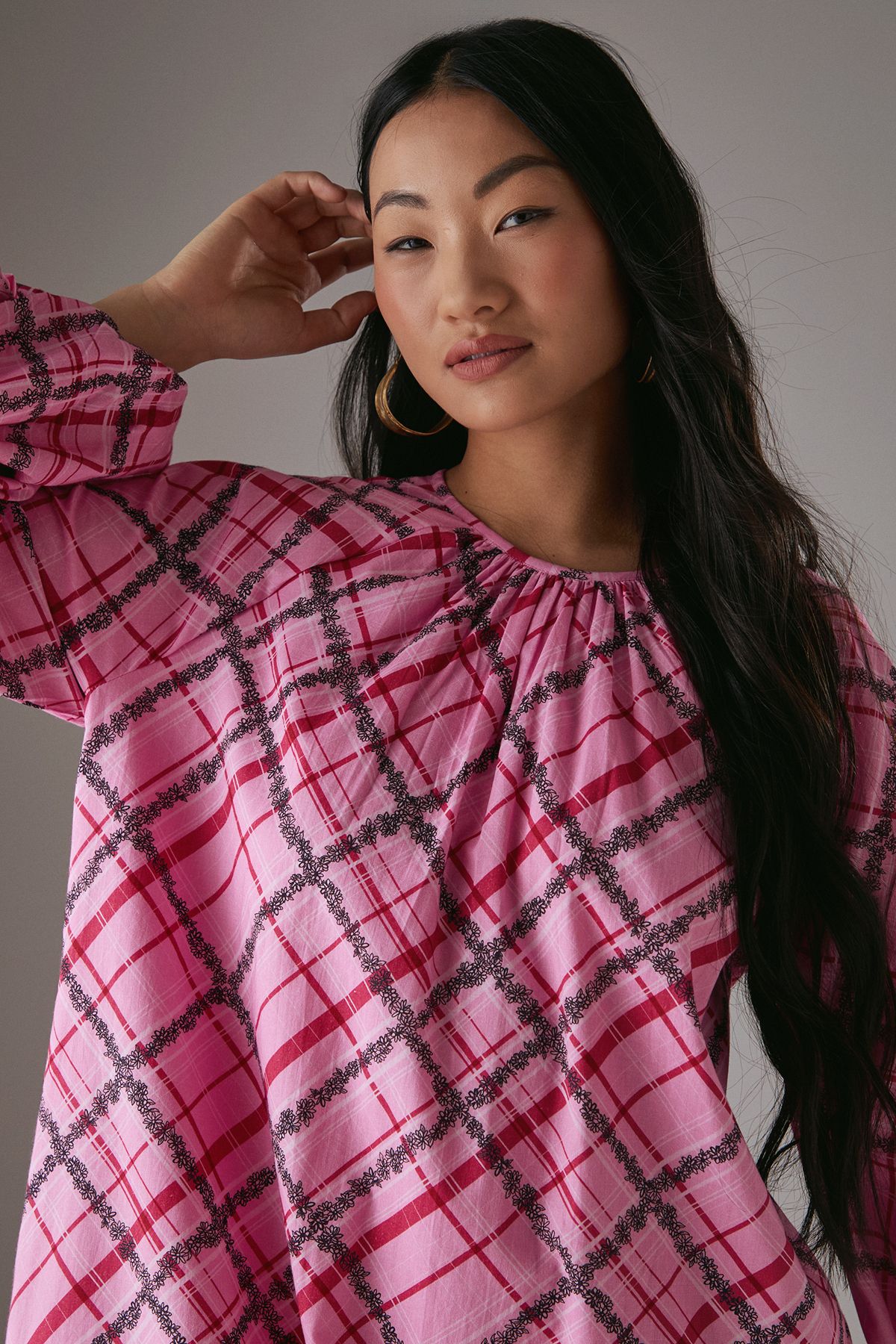 Warehouse Petite Cotton Trapeze Smock Midi Dress Pink image 2