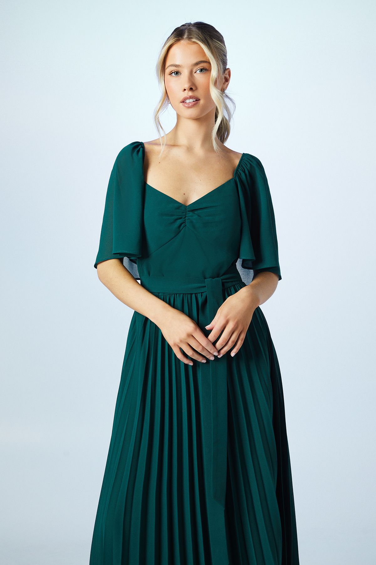 Coast Teen Pleated Georgette Angel Sleeve Bridesmaid Dress Emerald image 2