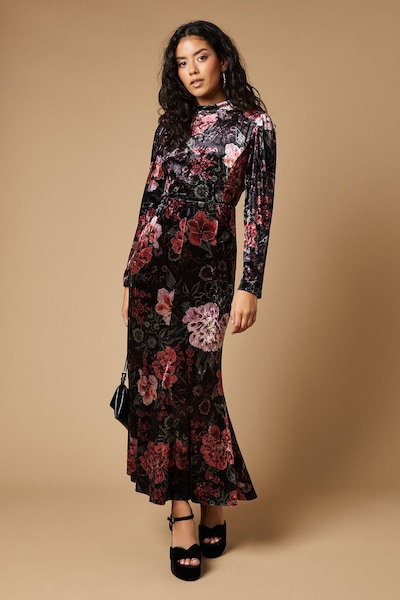 Oasis Petite Printed Velvet Open Back Midaxi Dress Black
