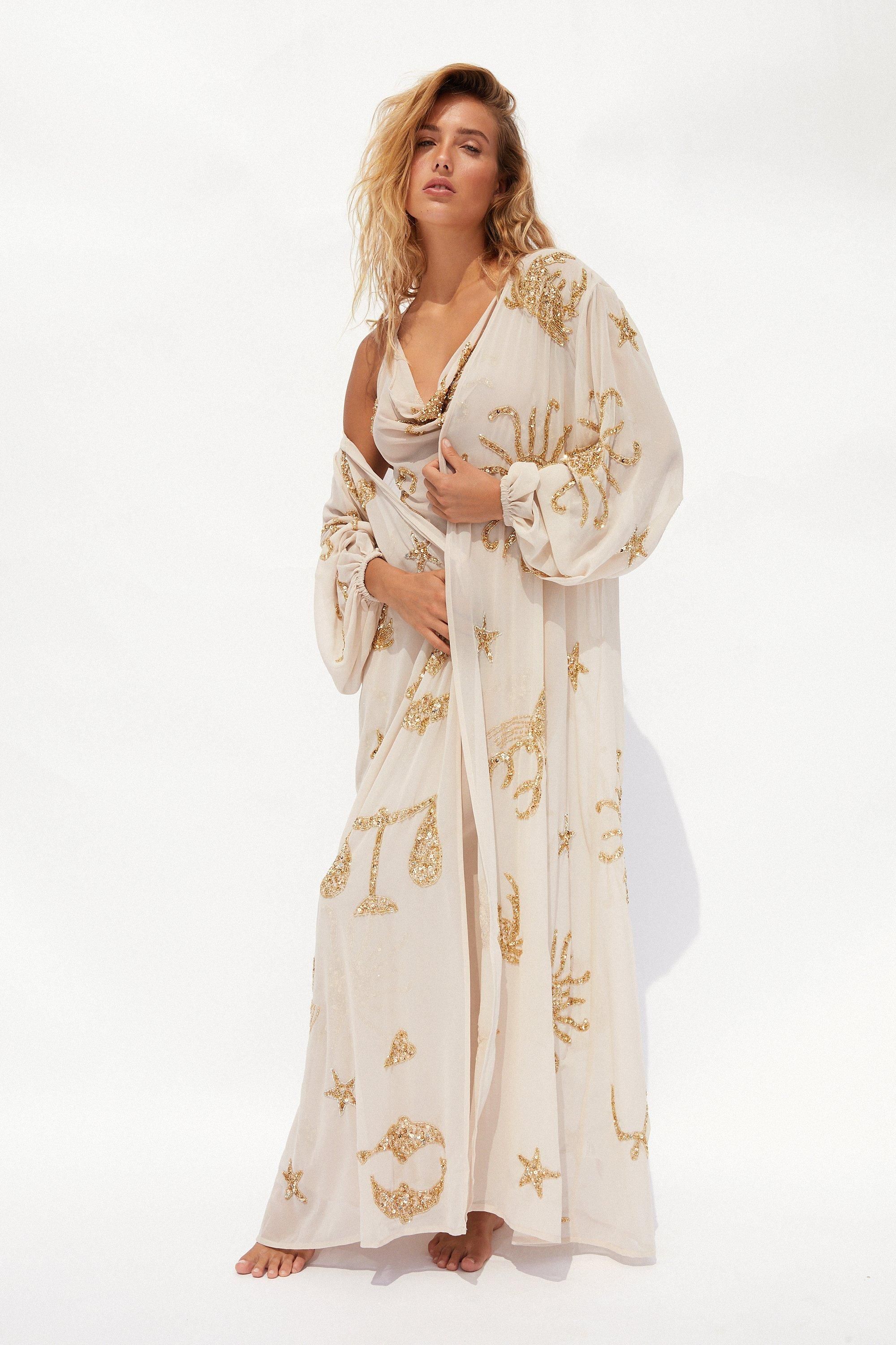Warehouse Tatiana Alida X Warehouse Hand Embellished Horoscope Kimono Champagne image 1