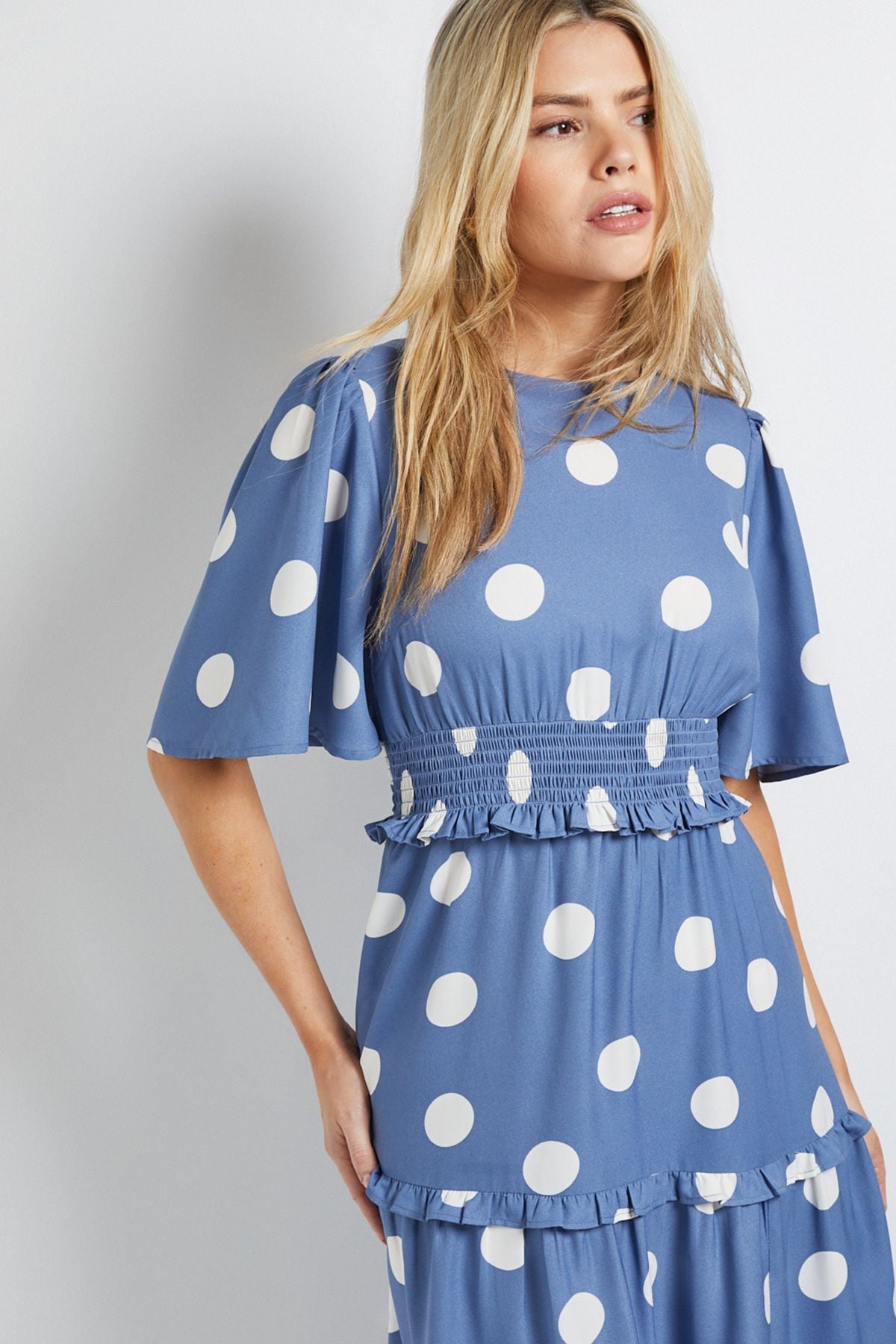 Dorothy Perkins Blue Spot Shirred Waist Angel Sleeve Tiered Maxi Dress Blue image 3
