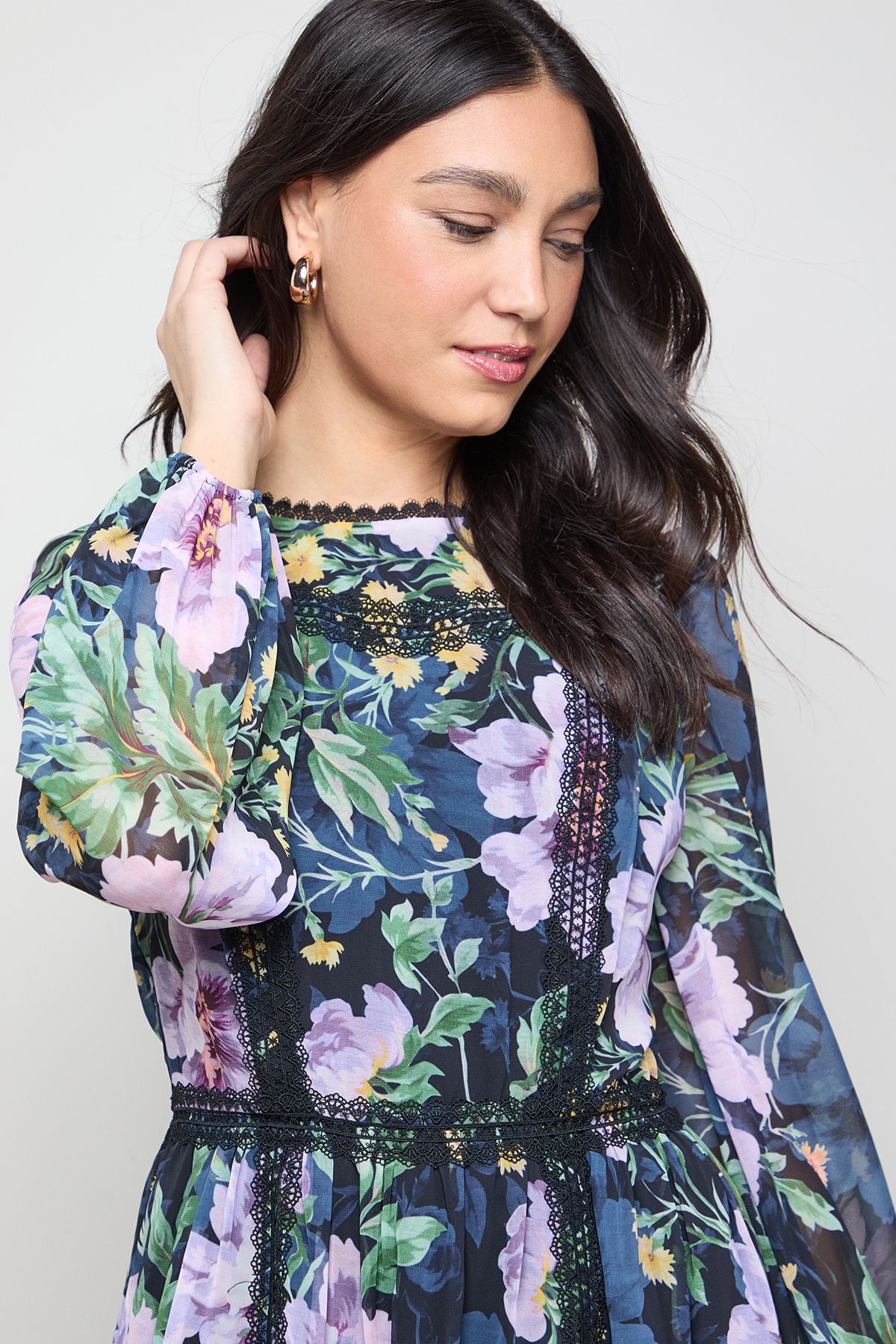 Oasis Printed Lace Trim Balloon Sleeve Midi Smock Dress Floral image 4