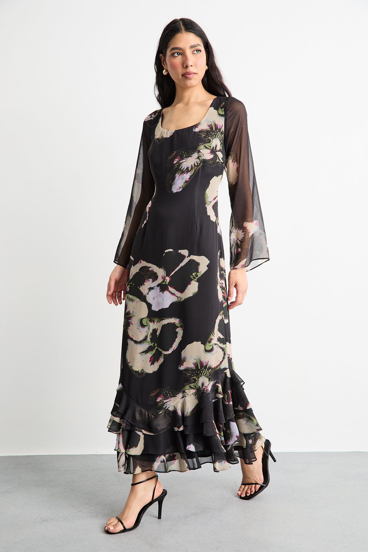 Warehouse Printed Scoop Neck Ruffle Hem Midi Dress Floral image 1