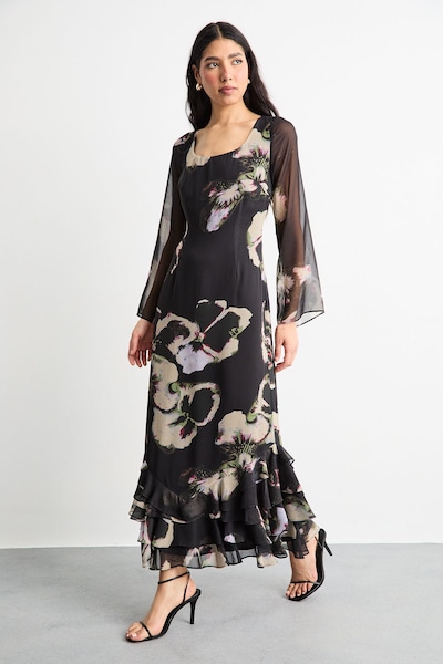 Warehouse Printed Scoop Neck Ruffle Hem Midi Dress Floral