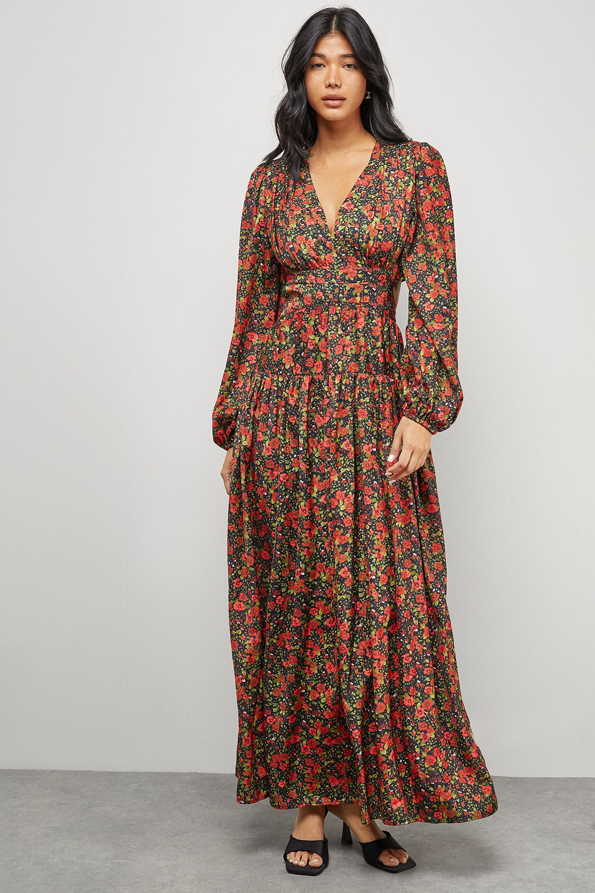 Warehouse Premium Satin Open Back Maxi Dress Floral image 1