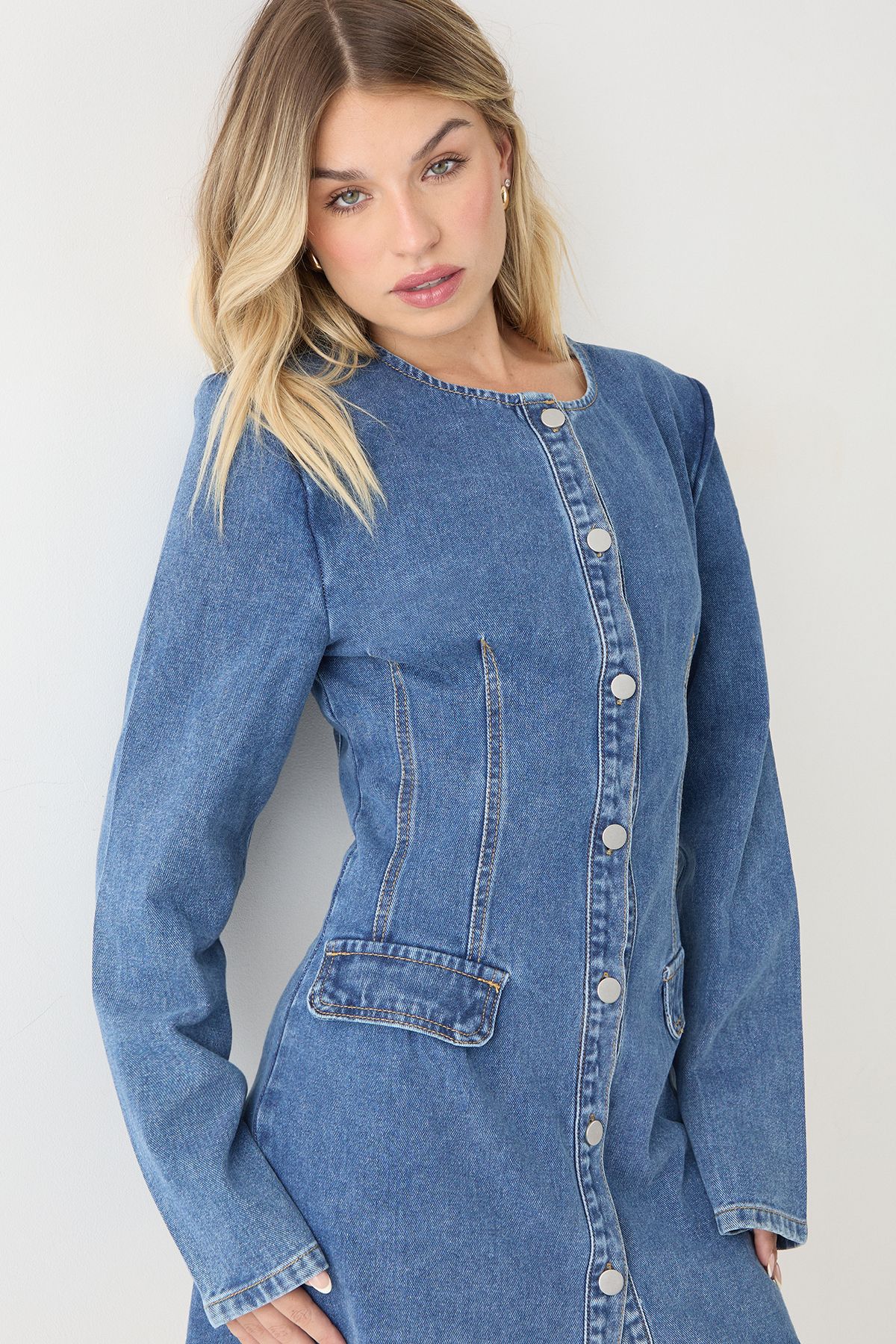 MissPap Button Down Long Sleeve Denim Dress Mid Wash image 4