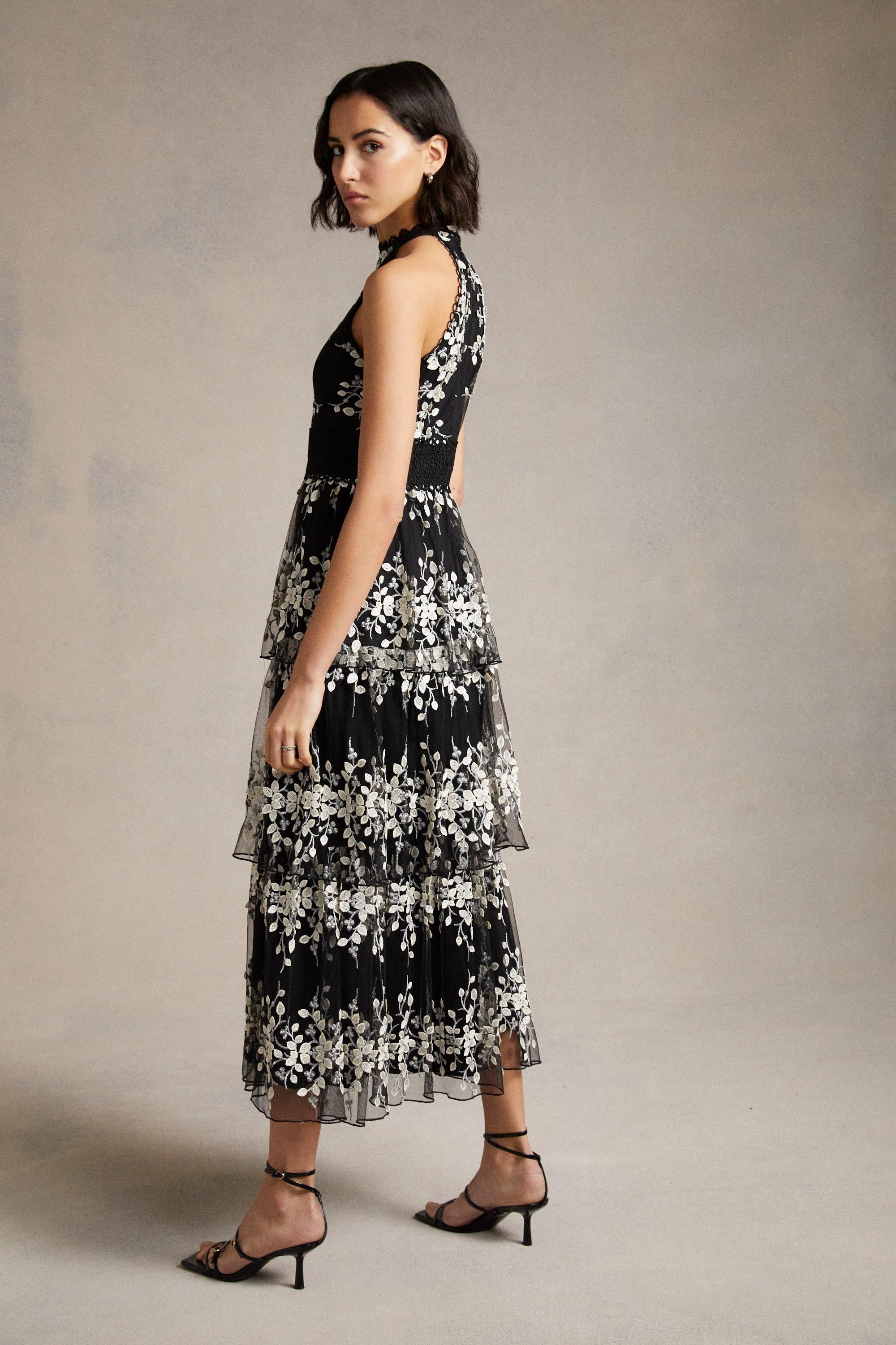 Oasis Floral Embroidered Tulle Tiered Halter Midi Dress Blackwhite image 3
