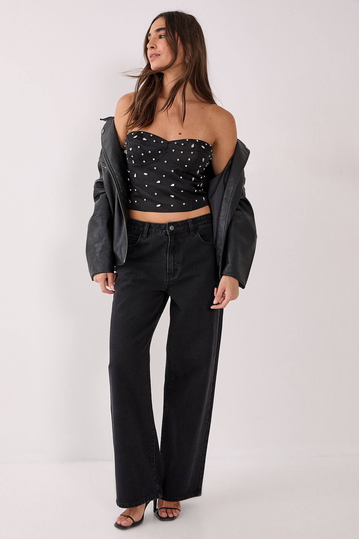 NastyGal Satin Diamante Seam Detail Corset Top Black image 2