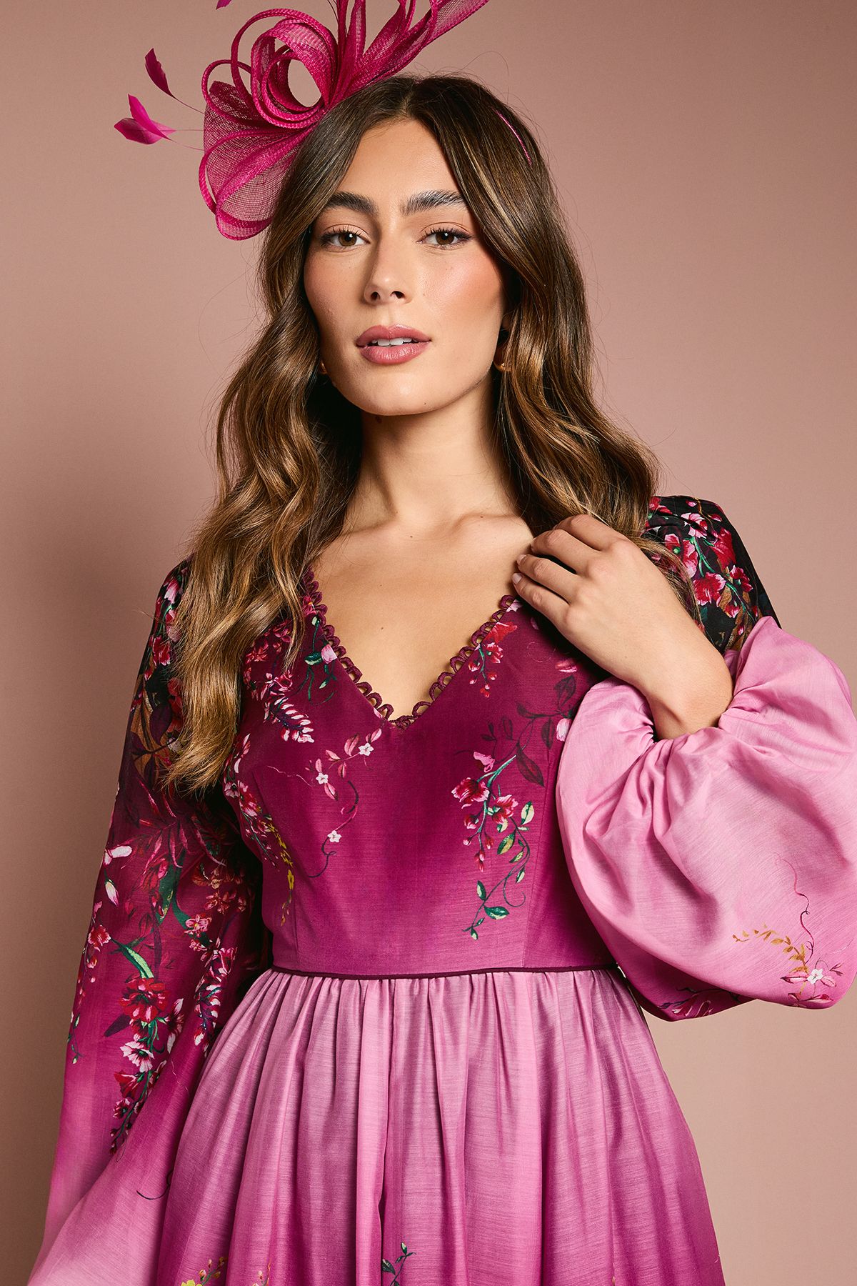 Coast Long Sleeve V Neck Boarder Floral Print Midi Dress Berry image 3