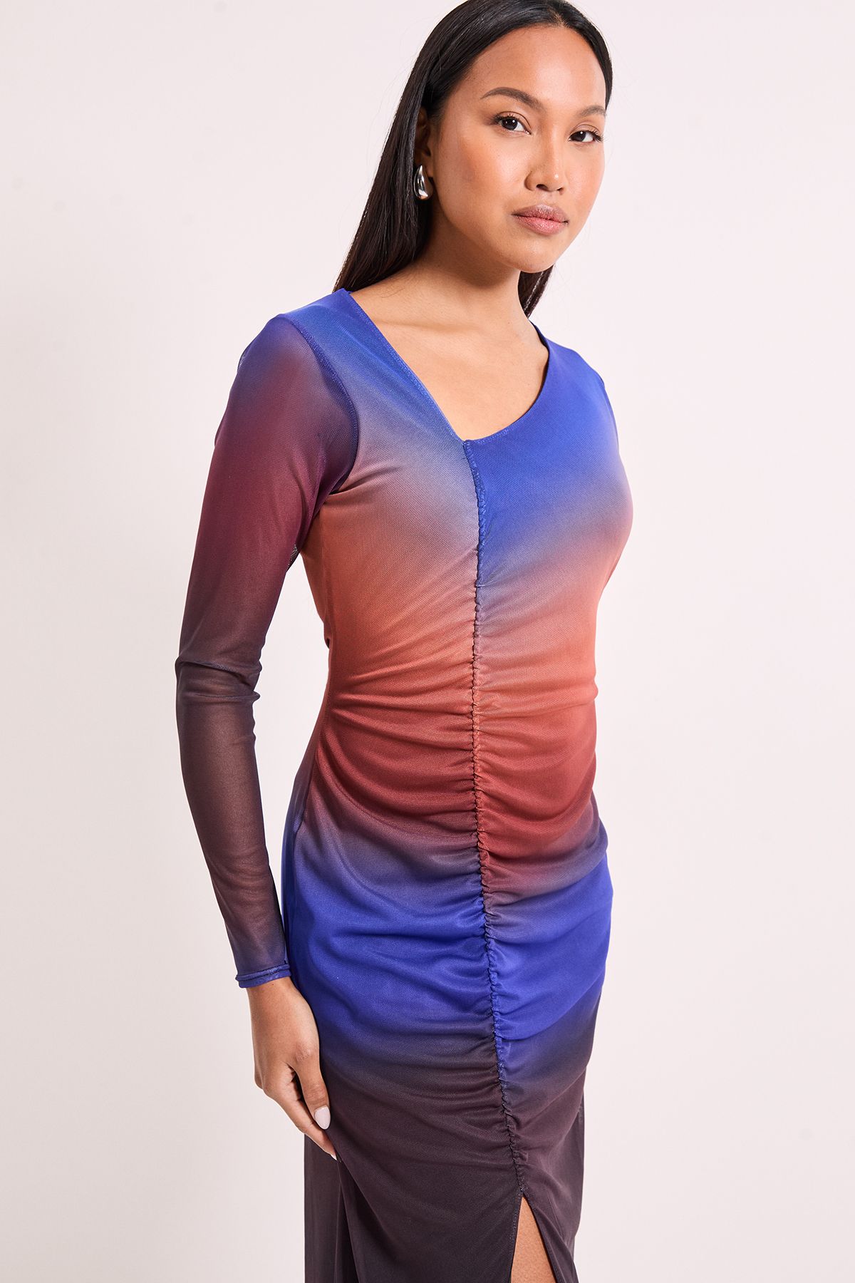 Principles Ruched Draw Chord Detail Ombre Mesh Midi Dress Blue image 2