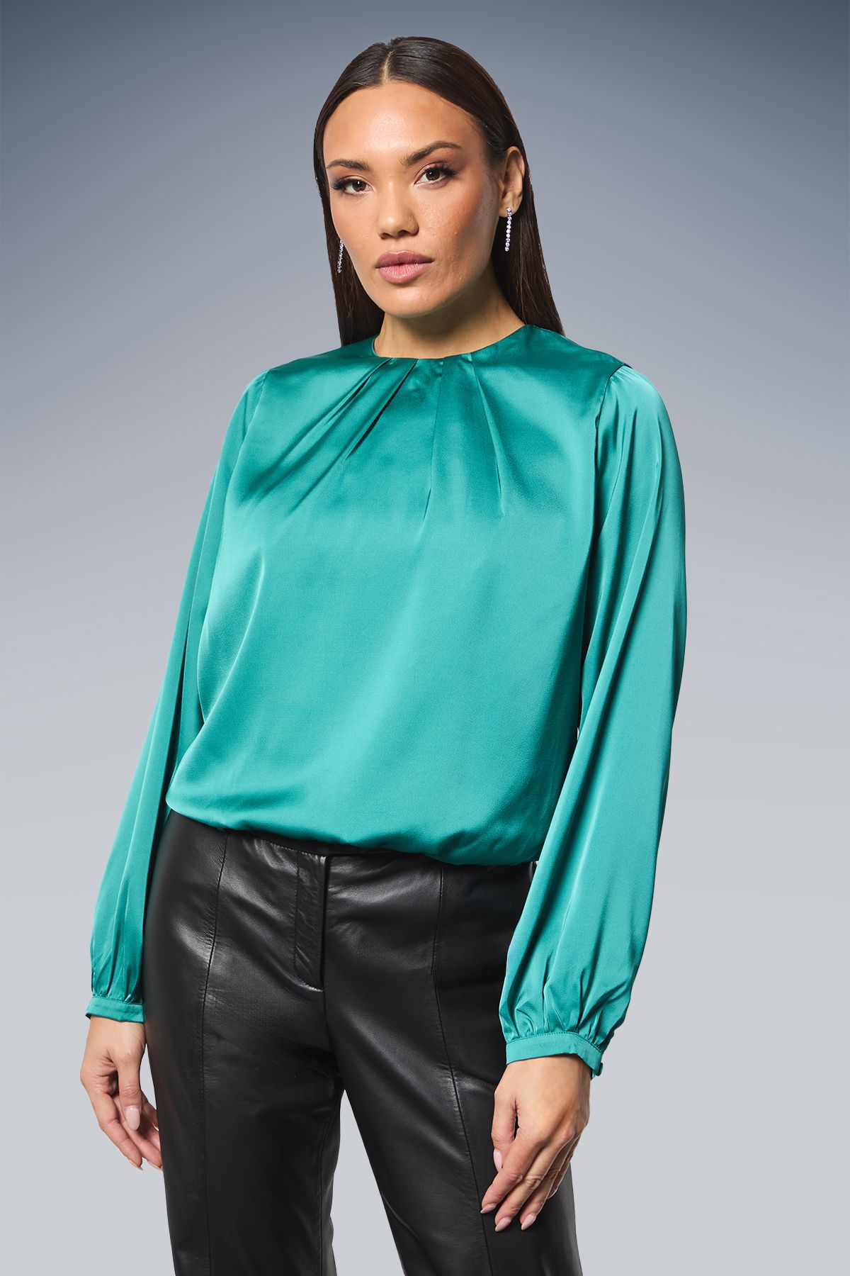 Principles Gathered Neck Tie Waist Satin Blouse Teal image 2