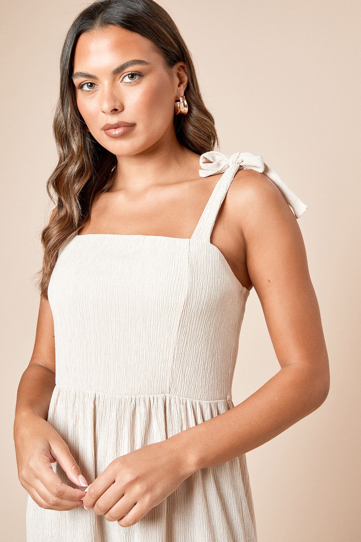 Dorothy Perkins Tie Shoulder Tiered Maxi Jersey Dress Stone image 3