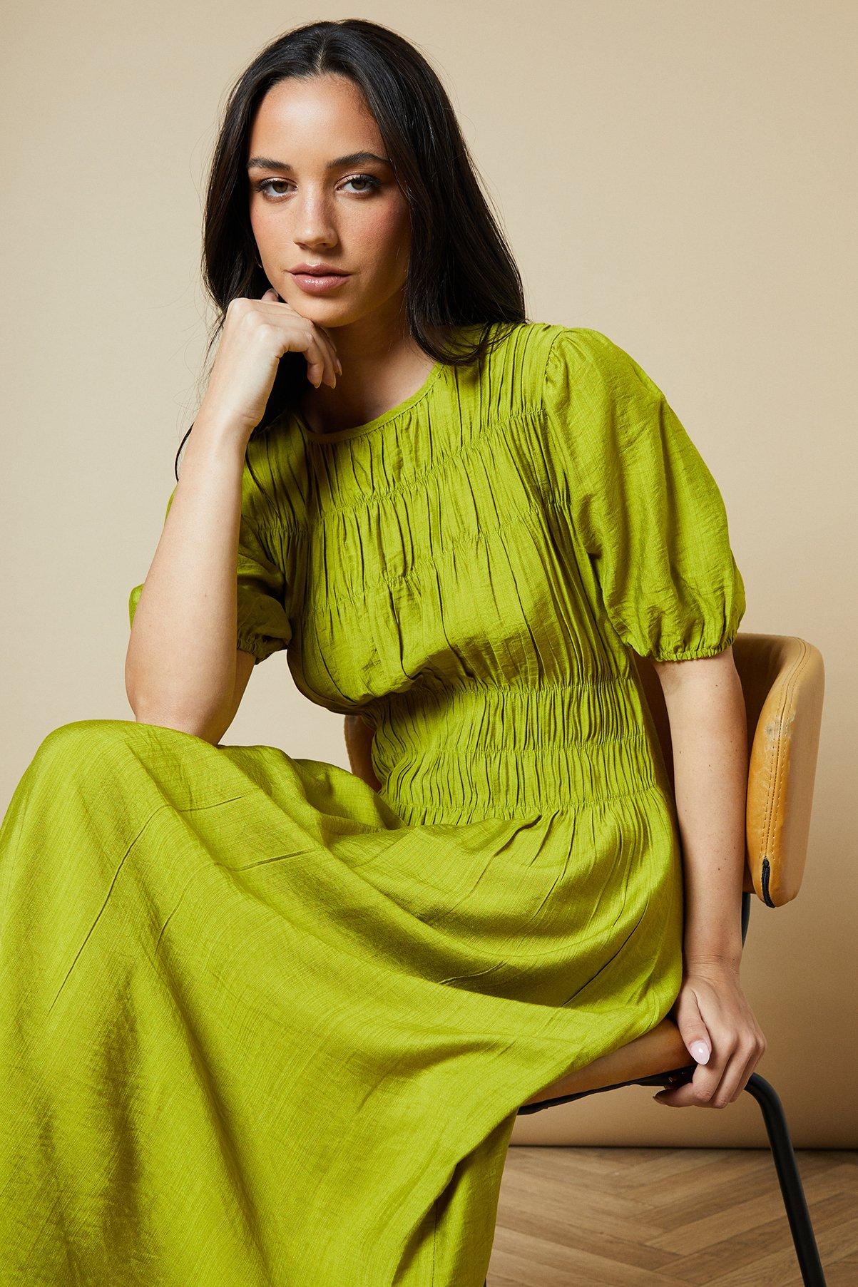 Oasis Shirred Bodice Puff Sleeve Midi Dress Olive image 2