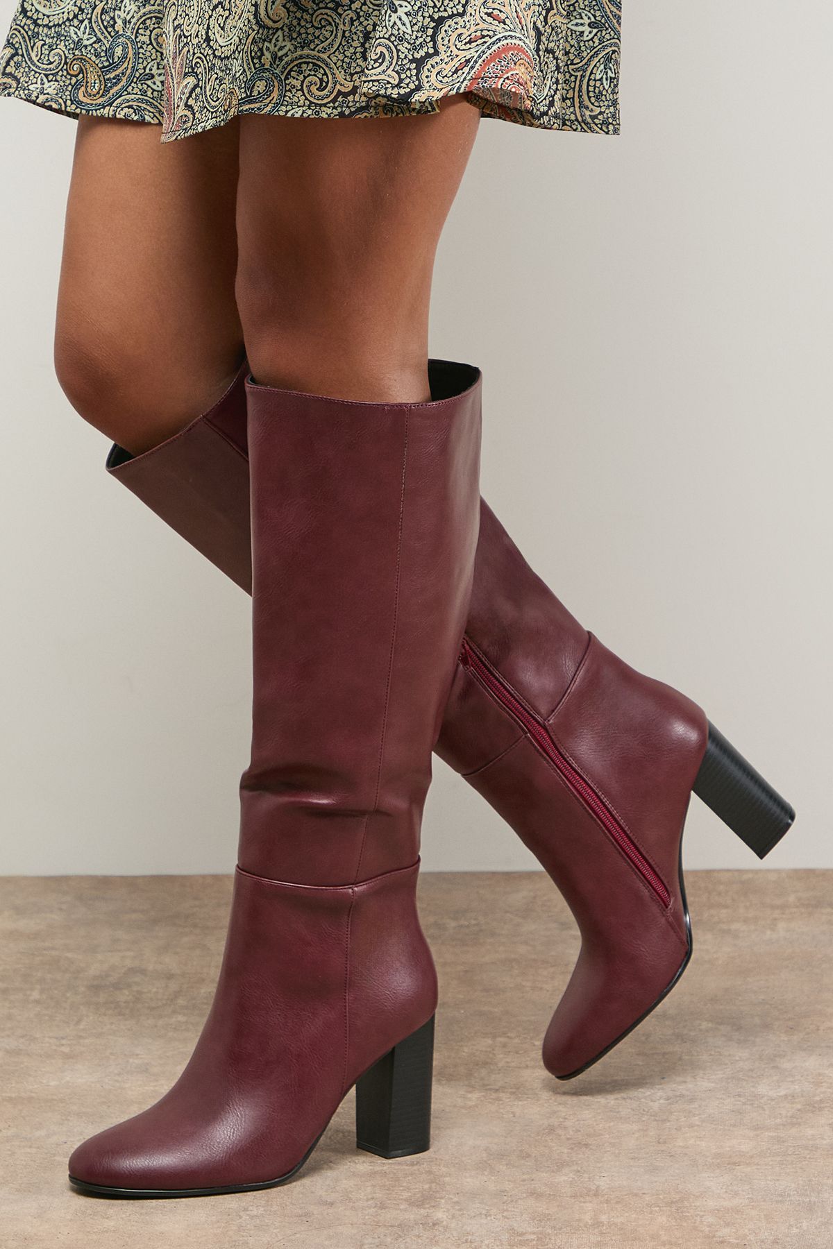 Oasis Tamsin Faux Leather Stacked High Block Heel Knee Boots Dark Red image 1