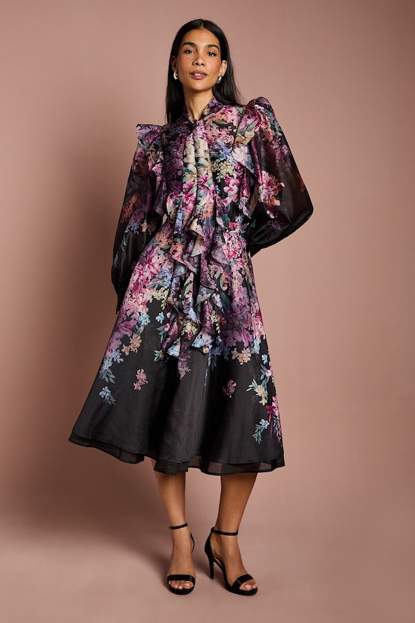 Coast Long Sleeve Frill Trim Organza Blouse With Tie Neck Multi