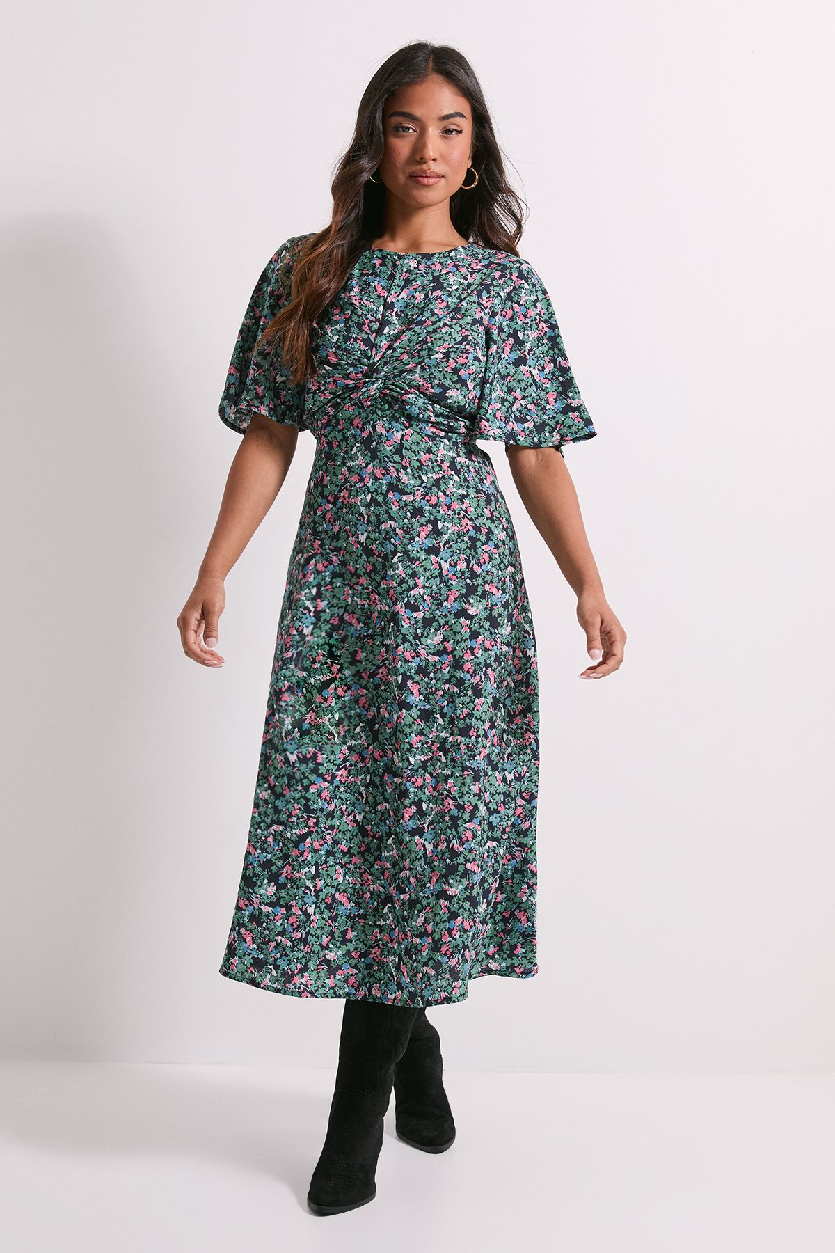Dorothy Perkins Petite Ditsy Twist Front Angel Sleeve Midi Dress Floral image 1