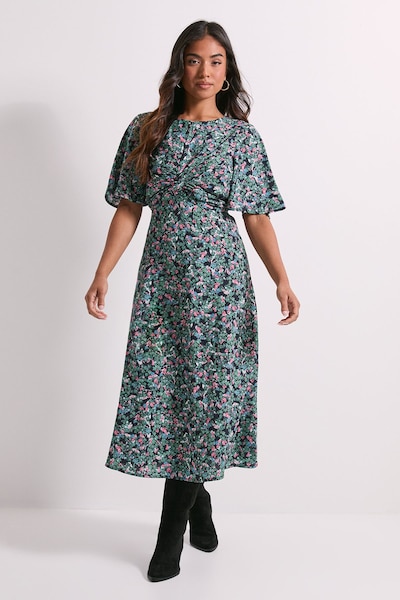 Dorothy Perkins Petite Ditsy Twist Front Angel Sleeve Midi Dress Floral