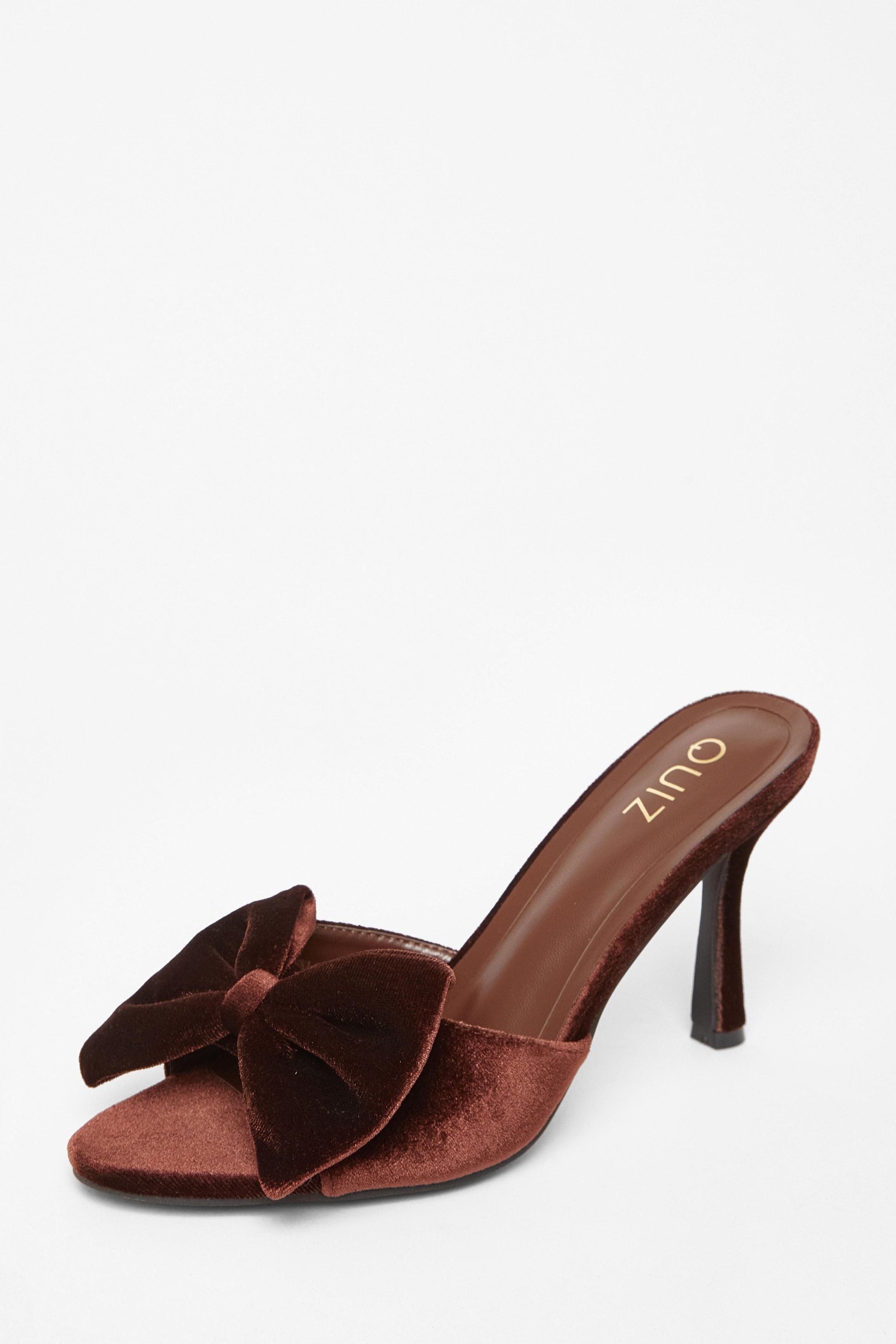Quiz Brown Velvet Bow Mule Heels image 1