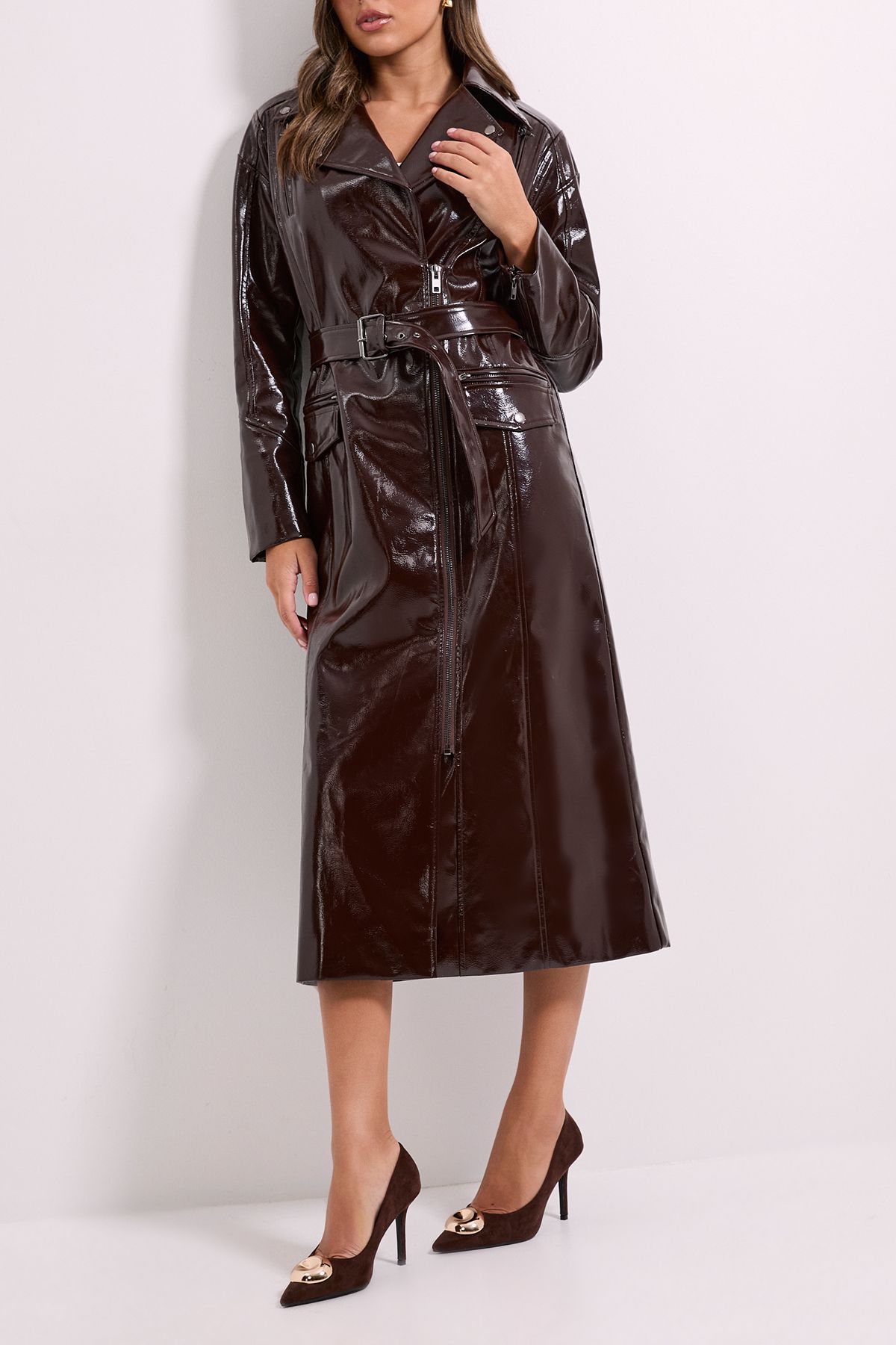 MissPap Faux Suede Metal Trim Detail High Stiletto Heel Court Shoes Chocolate image 2