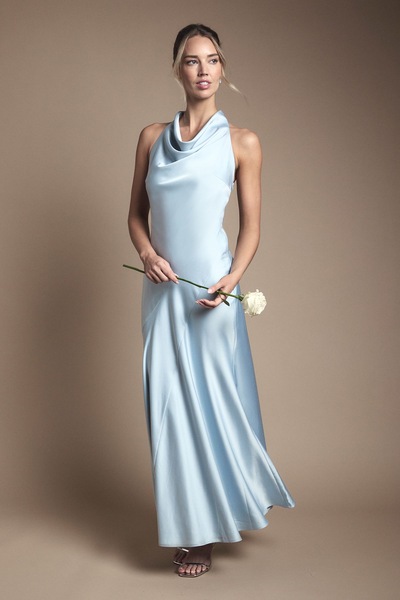 Oasis Oasis by Coast Cowl Halterneck Satin Maxi Bridesmaid Dress Light Blue