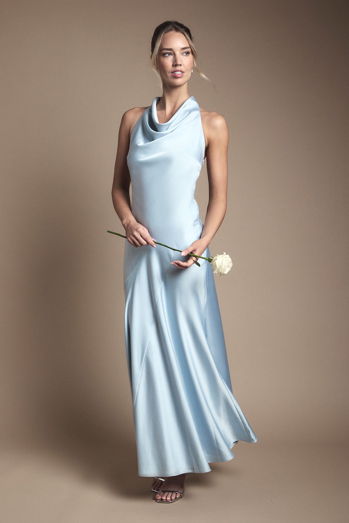 Oasis Cowl Halterneck Satin Maxi Bridesmaid Dress Light Blue