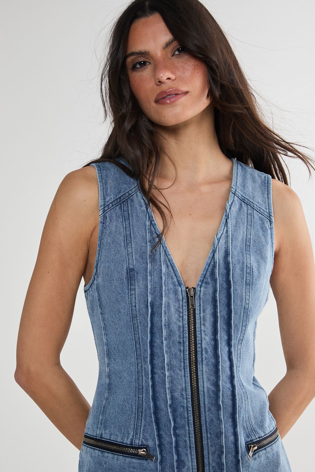 NastyGal Denim Seam Detail Zip Through Mini Dress Light Wash image 3