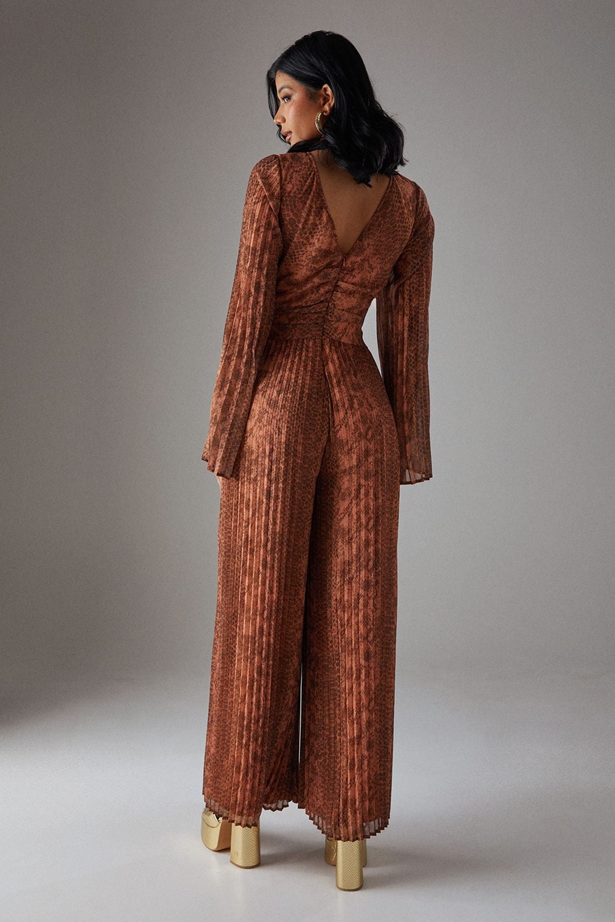 Warehouse Chiffon Pleated Keyhole Flared Sleeve Jumpsuit Brown image 3