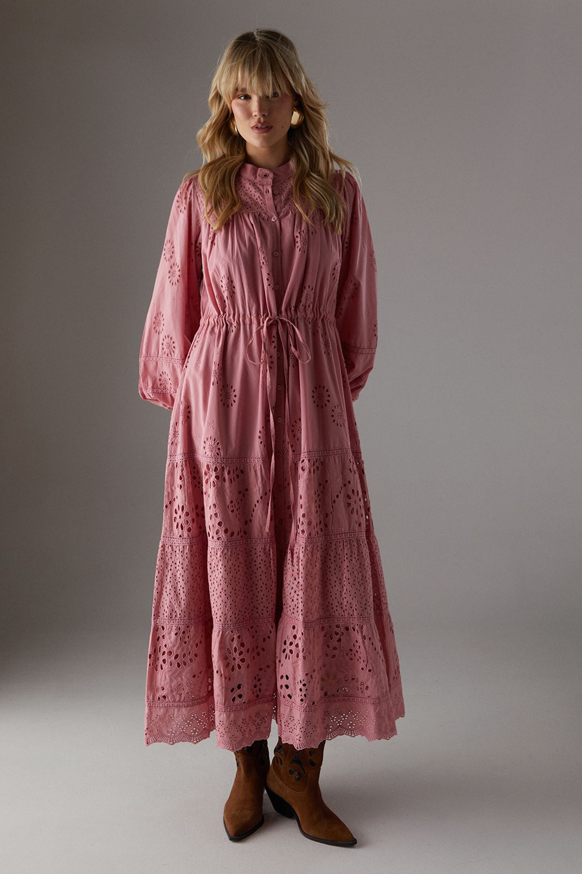 Warehouse Broderie Drawstring Waist Midi Dress Rose