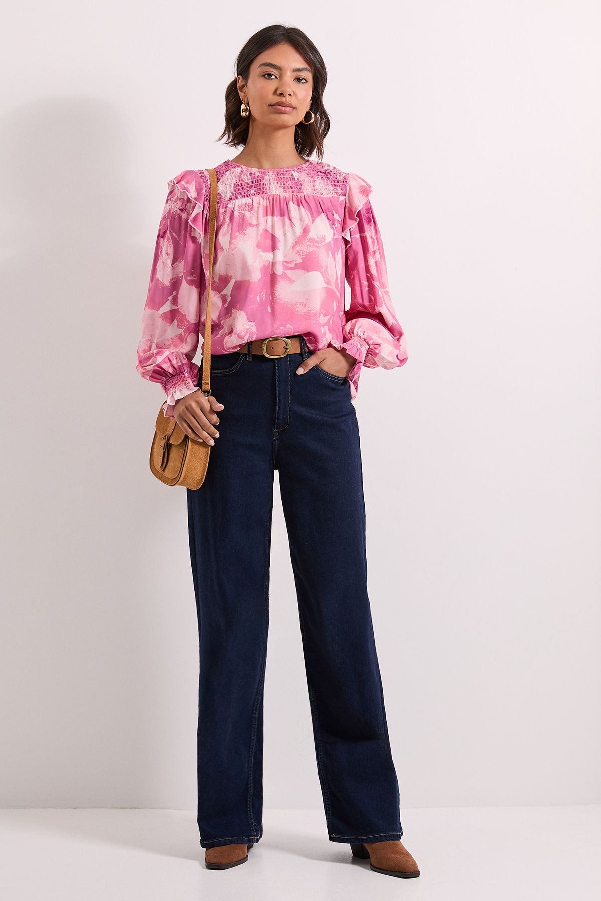 Dorothy Perkins Pink Floral Shirred Yoke Frill Detail Top Pink image 2